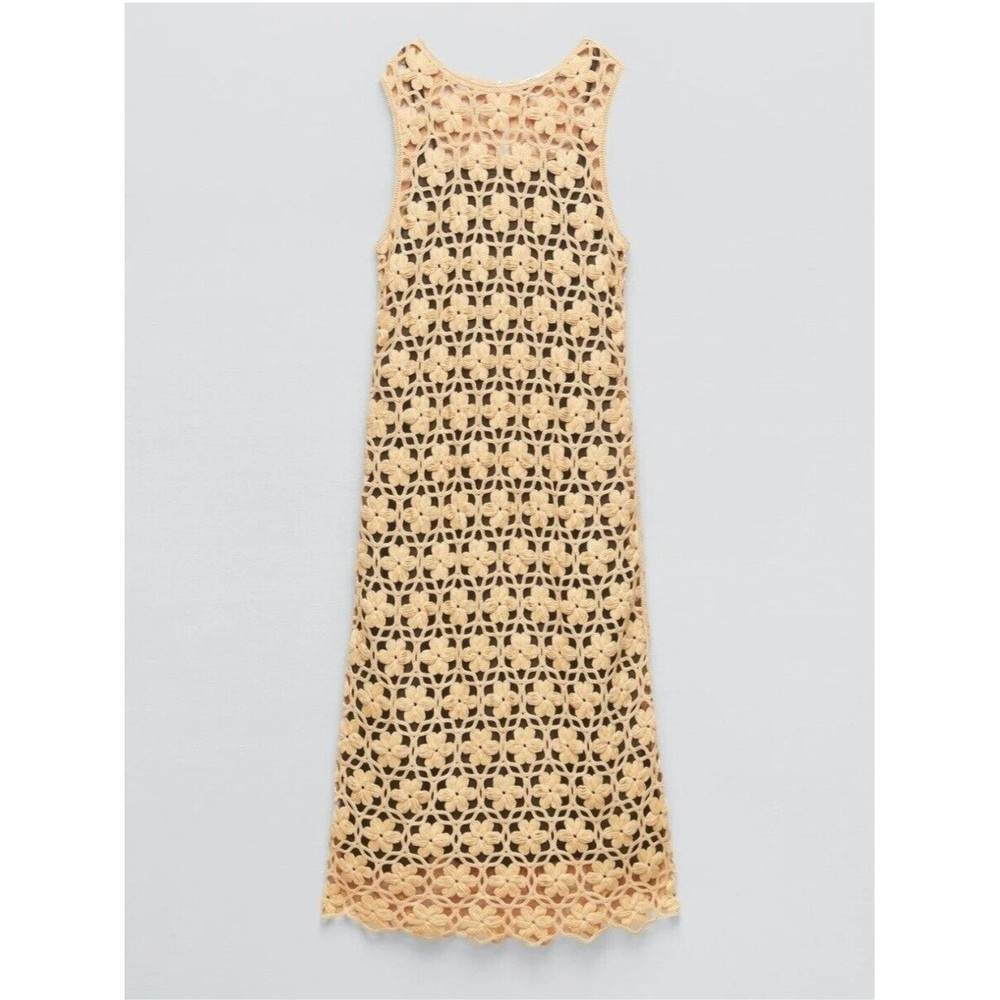ZARA BNWT Long Knit Floral Dress Orange Crochet $119 Size M